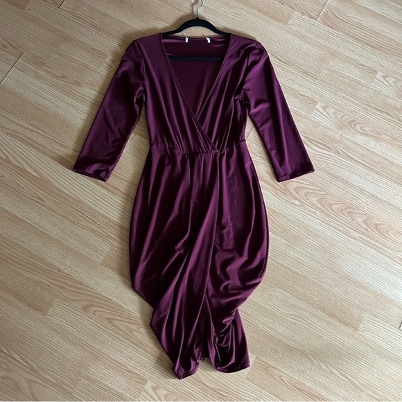 Women’s Burgundy Long Sleeve Ruched Midi Dress Medium - Picture 1 of 8